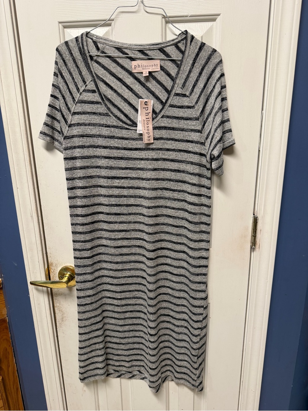 Philosophy gray and black striped V-neck knit dress